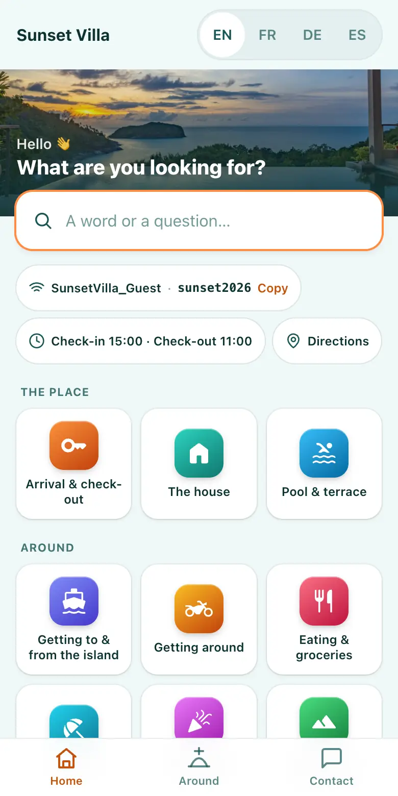 Sample guest guide: a villa on Koh Tao, with search, Wi-Fi, times and sections