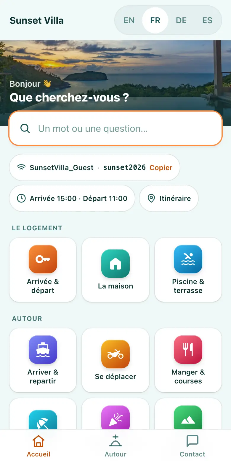 Guide voyageur d’exemple : une villa à Koh Tao, avec recherche, Wi-Fi, horaires et rubriques